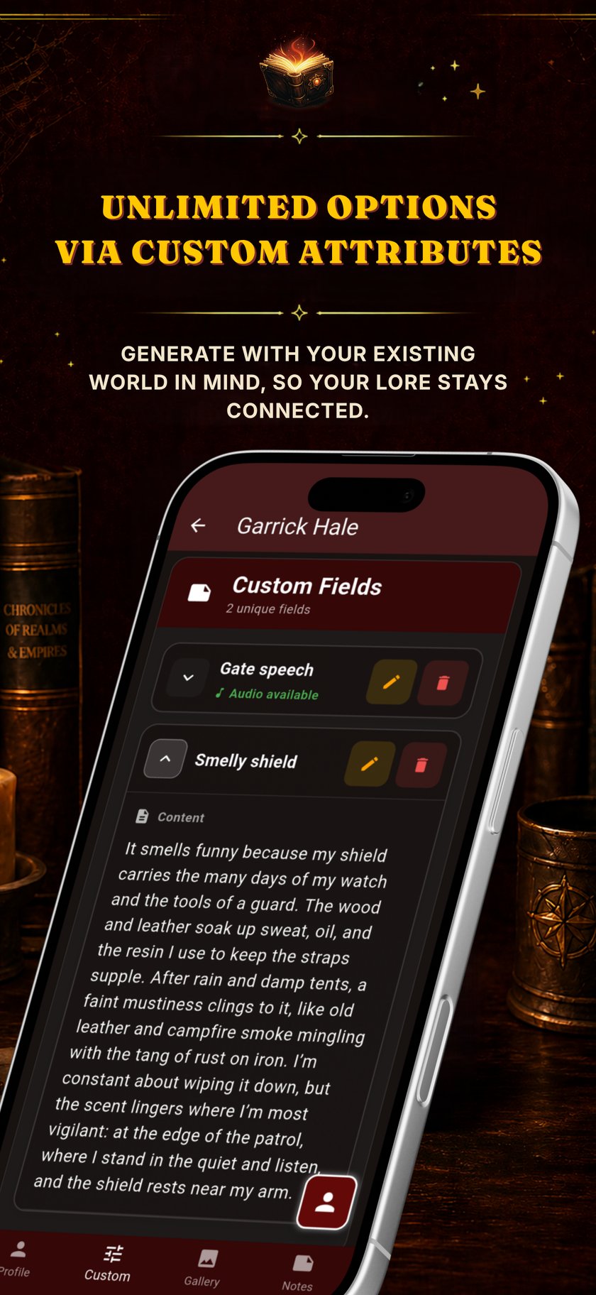 Custom fields for a DunMax character, including written and audio content