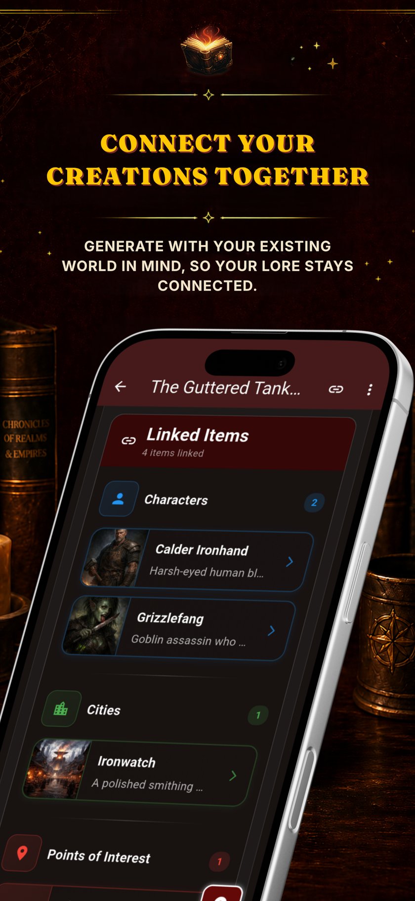 DunMax linked items connecting characters, cities and points of interest