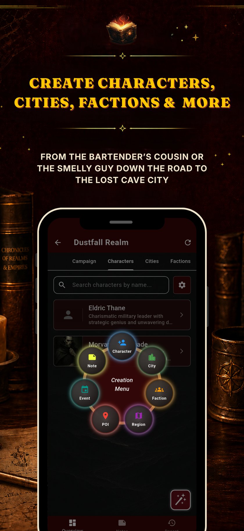 DunMax creation menu for characters, cities, factions, events, points of interest, regions and notes