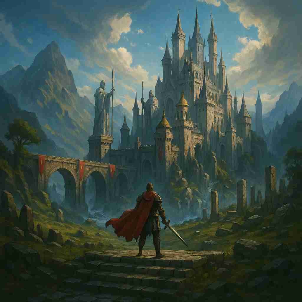 A knight approaching an ornate mountain castle, generated in DunMax